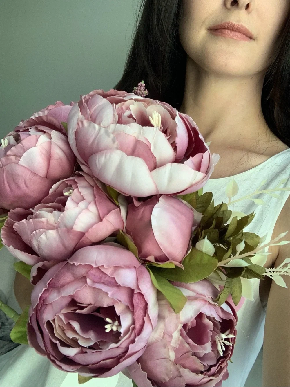 Pink Peony Bouquet in White Vase - Home Accent Floral Arrangement